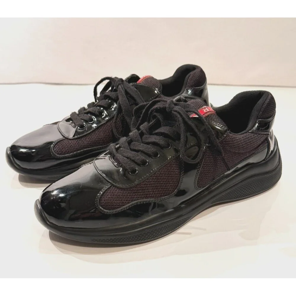 Prada Mens Americas Cup Black Patent Leather Mesh Lace-Up Sneakers US 7
